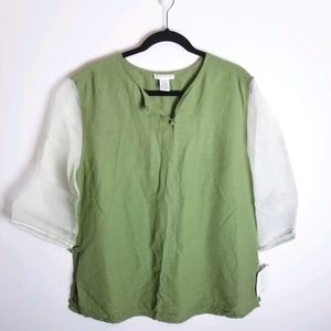 Wildroot green linen silk farmhouse blouse shirt